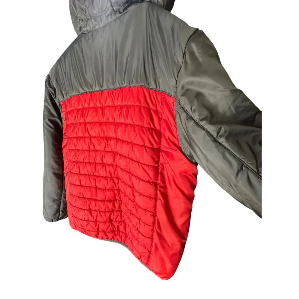 Eddie Bauer Youth Puffer Jacket Red Gray Hooded Coat Kids L 14/16 Winter